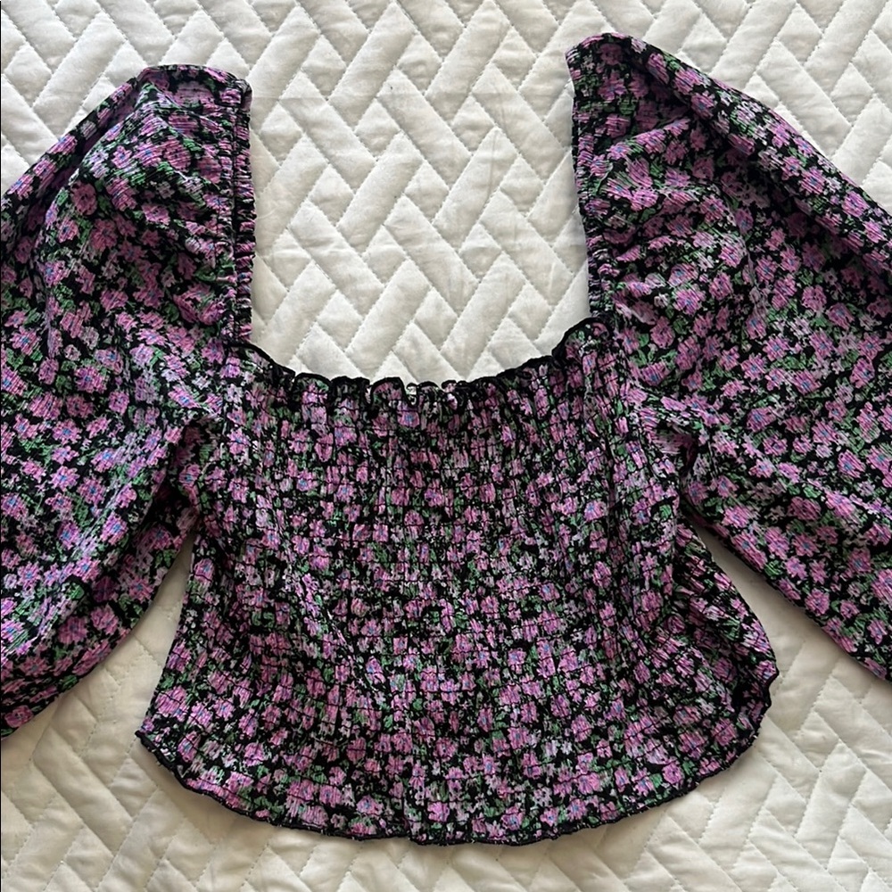 Pull&Bear Purple and Green Puff Sleeve Smocked Blouse